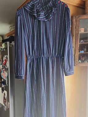 Vintage 70's Navy Stripe Ruffle Collar Midi Dress